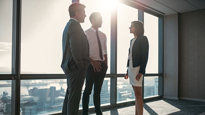 Group of business people having a discussion in front of a window